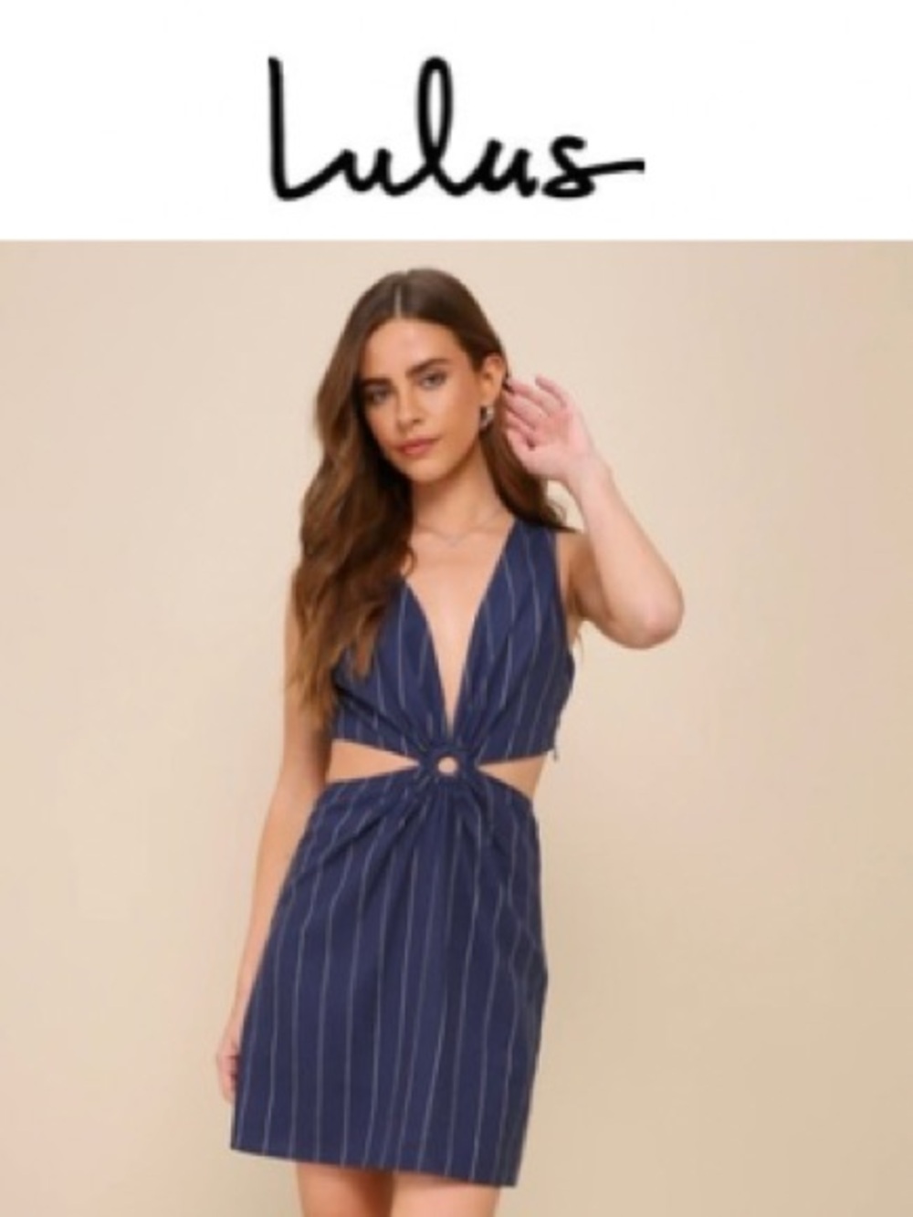 Lulu's Navy Pinstripe Ring-Front Cutout Mini Dress
